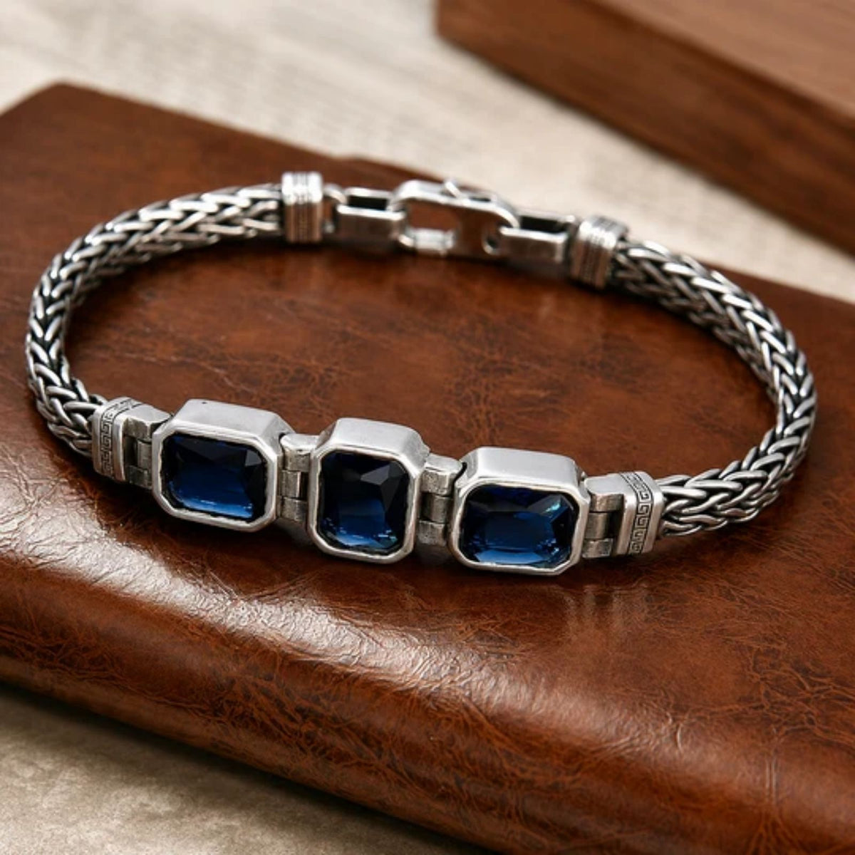 Blue Zircon Braided Chain Bracelet, Vintage Bracelet for Men and Women