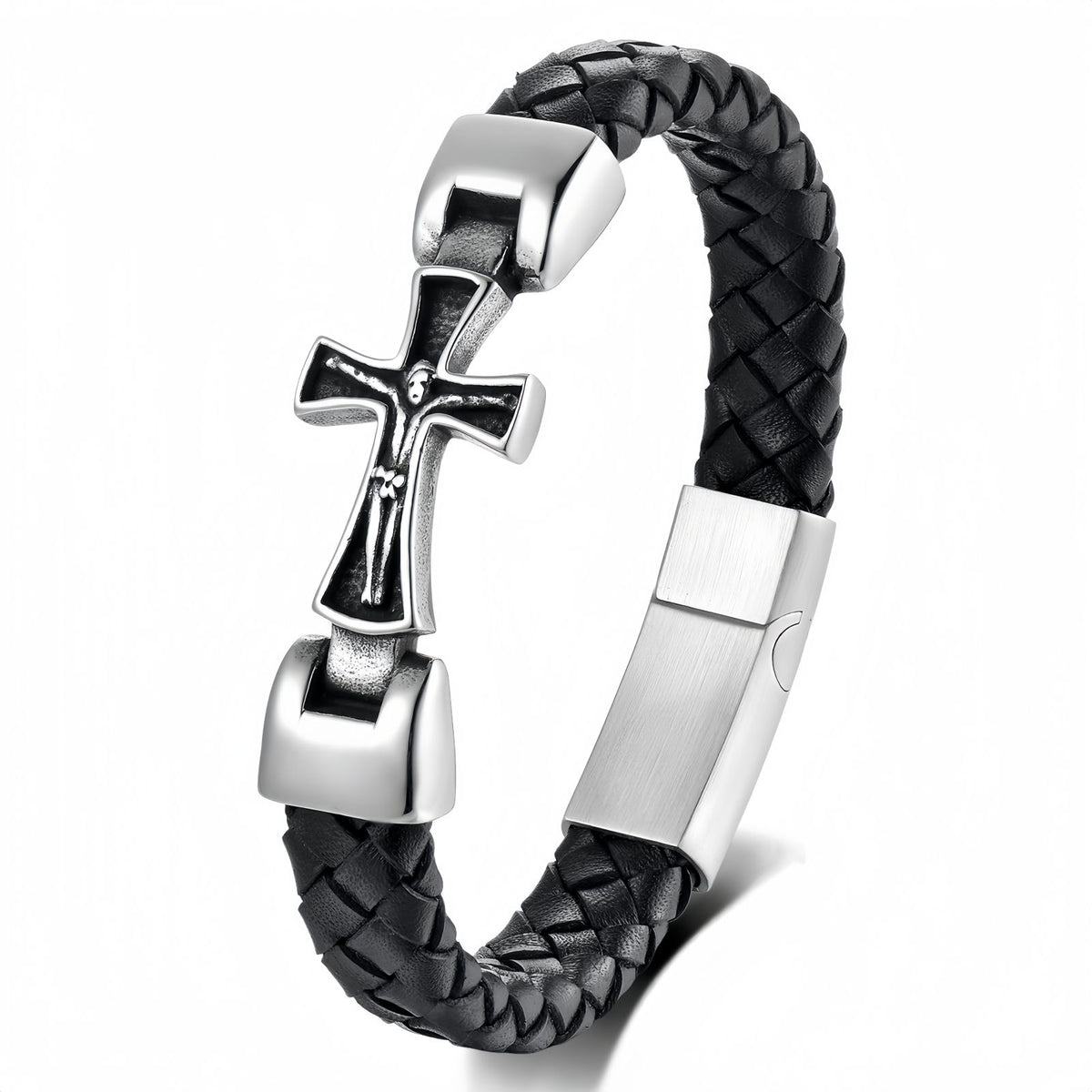 Men's Engraved Cross Leather Bracelet