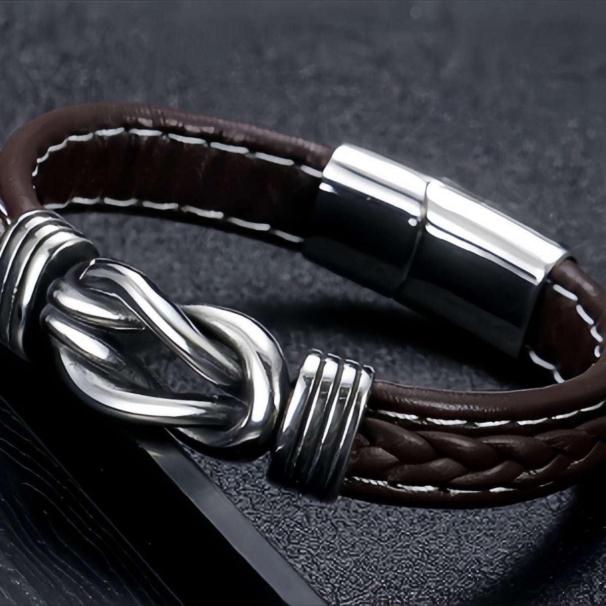 Stainless Steel Knot Men’s Braided Leather Bracelet