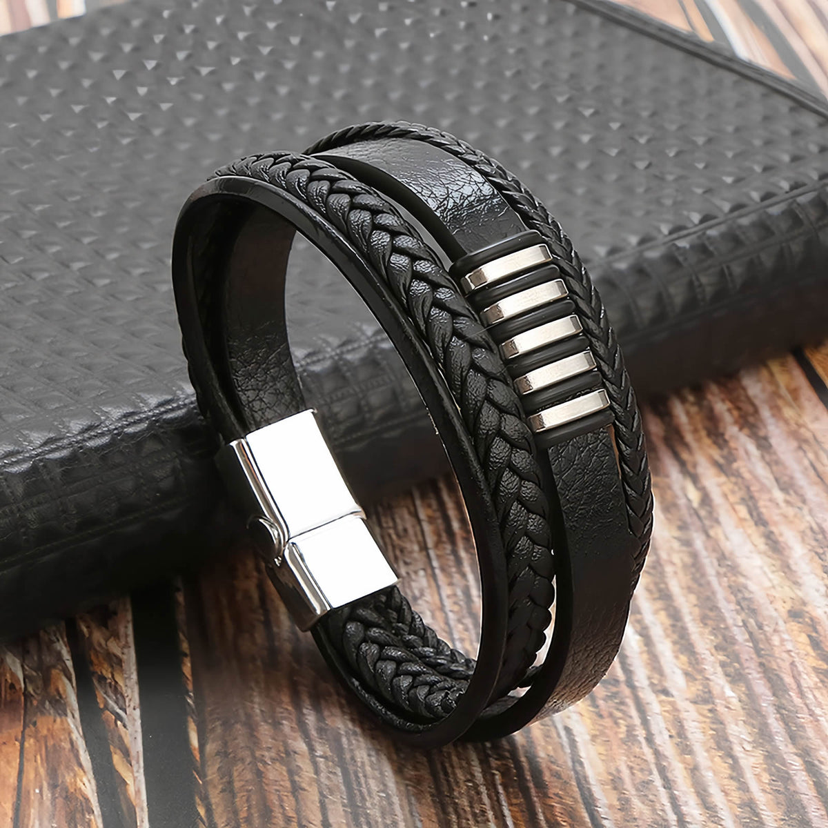 Striped Metal Accent Leather Bracelet for Men