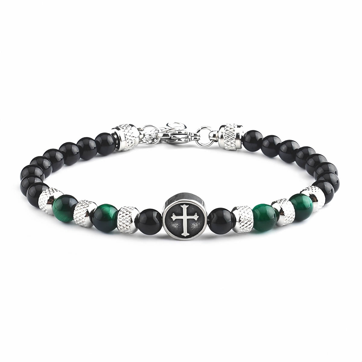 Tiger Eye Beaded Cross Bracelet, Stainless Steel Vintage Crystal Wristband for Men