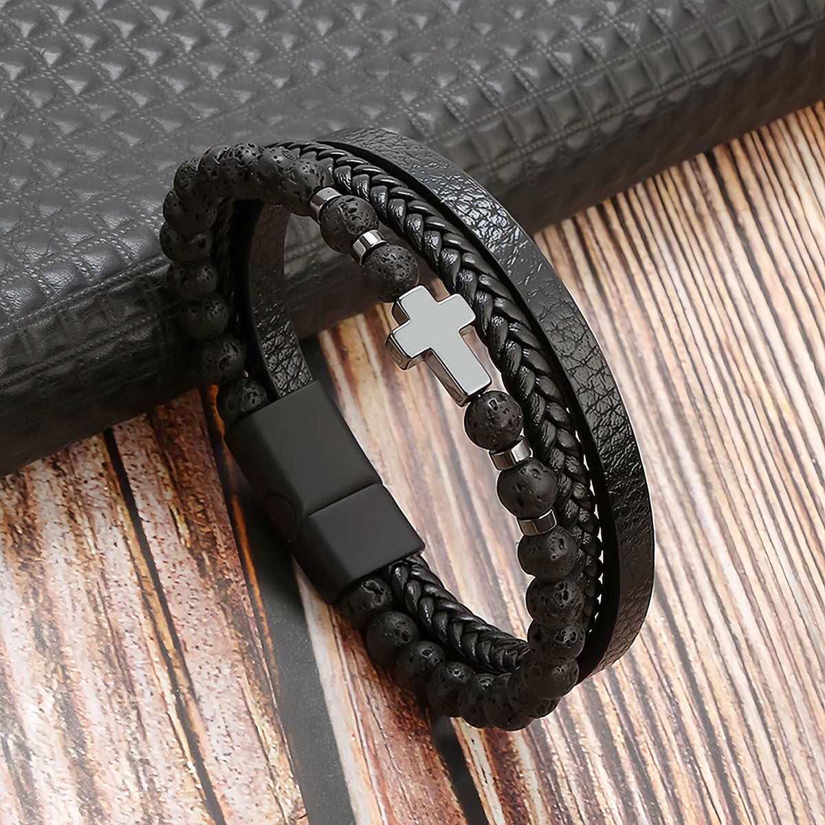 Men's Cross Natural Stone Beads Leather Bracelet