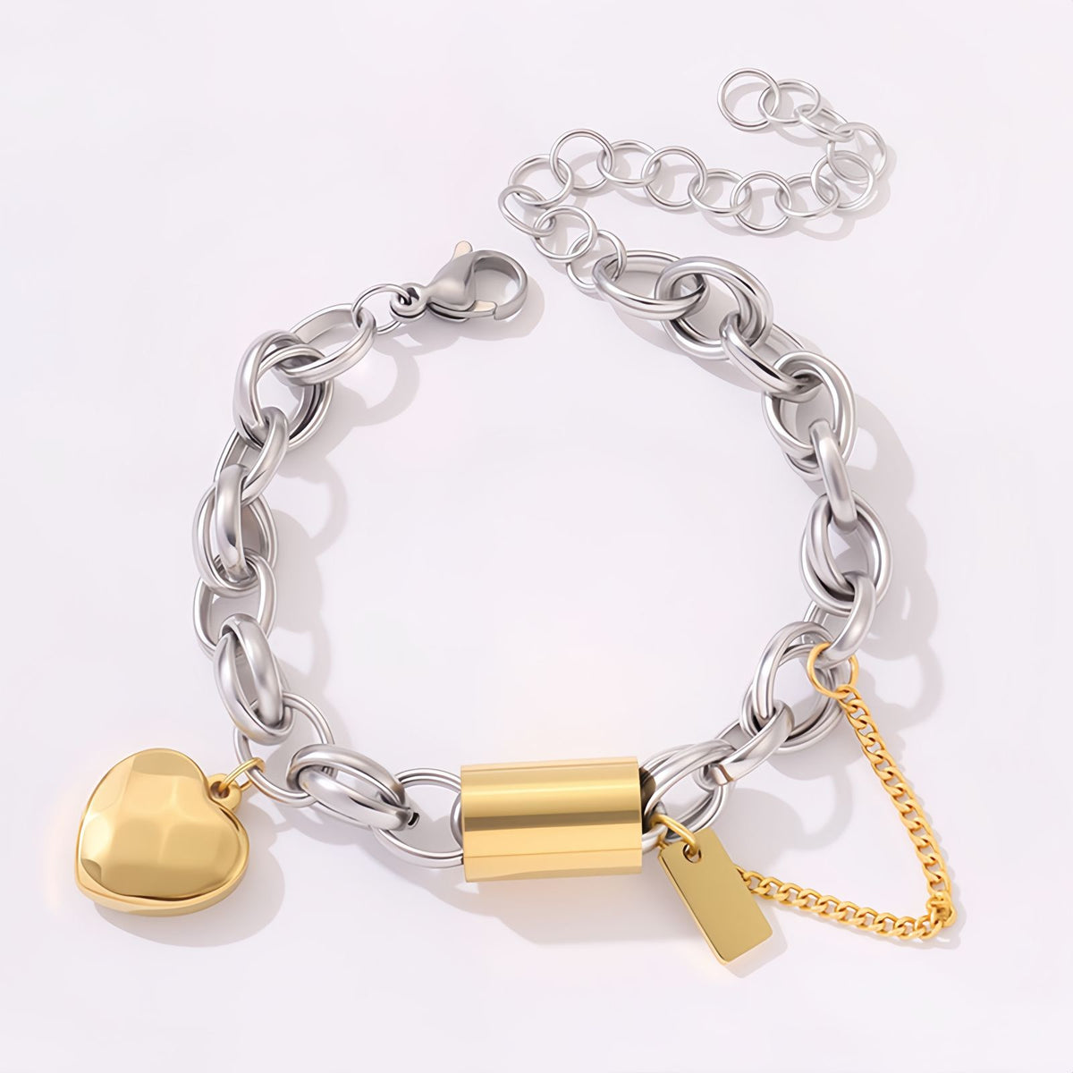 Heart Charm Oval Link Chain Stainless Steel Bracelet