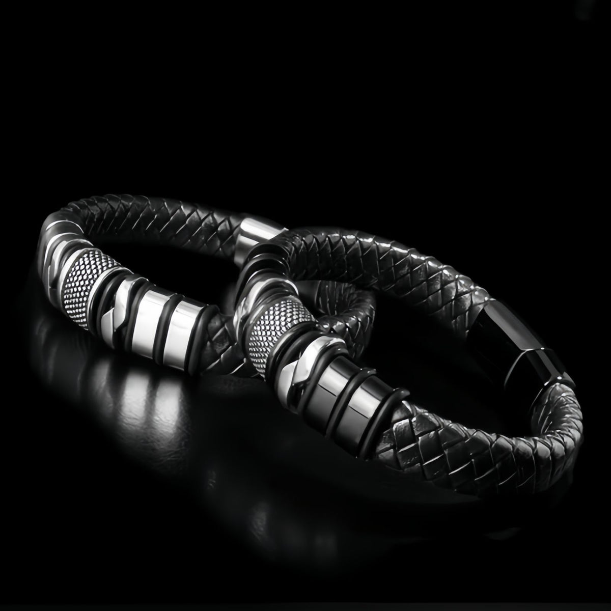 Men's Leather Bracelet with Stainless Steel Design, Braided Leather Wristband