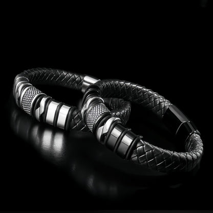 Men's Leather Bracelet with Stainless Steel Design, Braided Leather Wristband