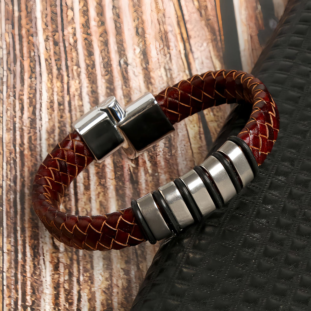 Men’s Braided Leather Bracelet with Layered Steel Bars