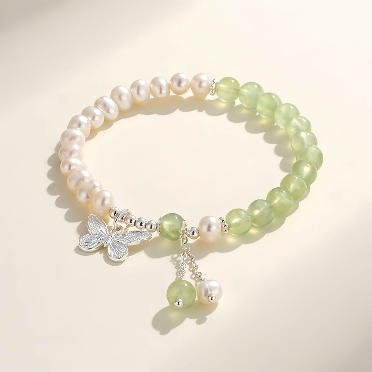 Aquamarine Crystal Beaded Bracelet with Freshwater Pearls & Butterfly Tassel Pendant