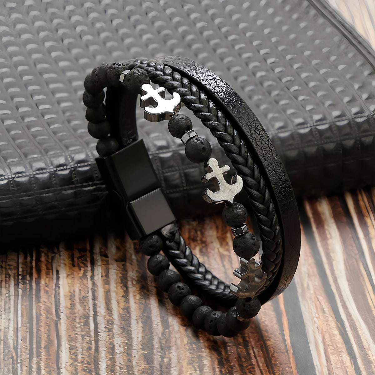 Men’s Tiger Eye Obsidian Beaded Leather Bracelet
