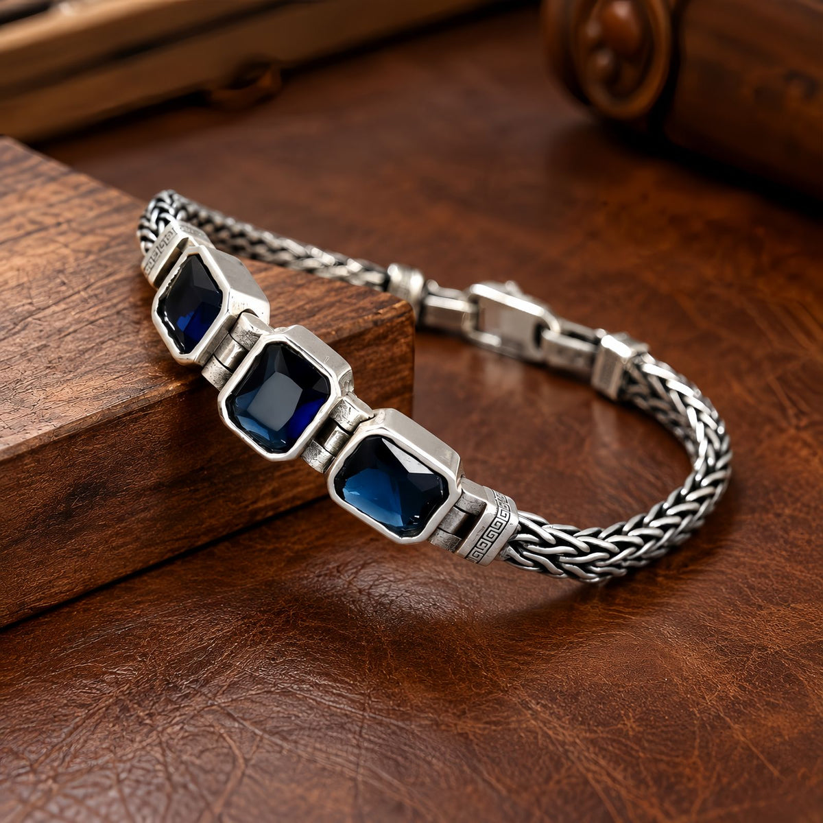 Blue Zircon Braided Chain Bracelet, Vintage Bracelet for Men and Women