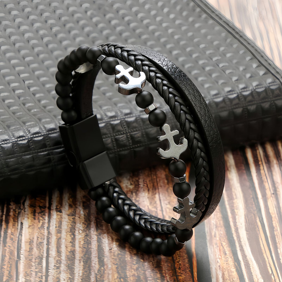 Men’s Tiger Eye Obsidian Beaded Leather Bracelet