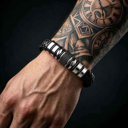 Men's Leather Bracelet with Stainless Steel Design, Braided Leather Wristband
