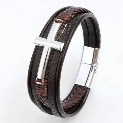 Men’s Braided Leather Bracelet with Cross Charm