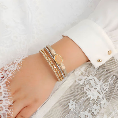 Boho Leather Wrap Bracelet with Crystal Beads & Clasp