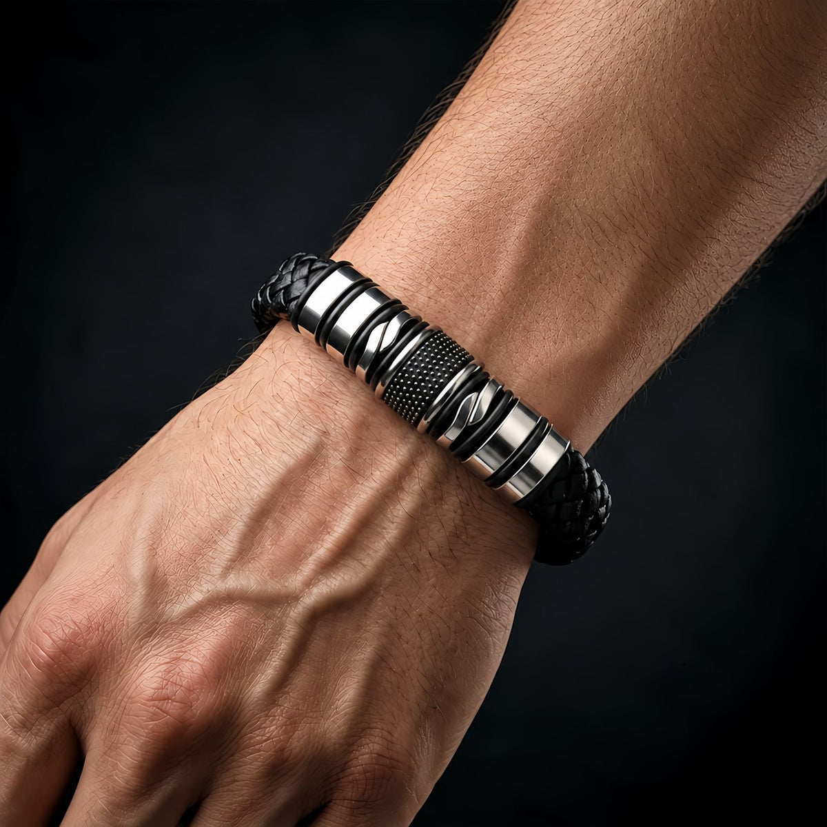 Men's Leather Bracelet with Stainless Steel Design, Braided Leather Wristband