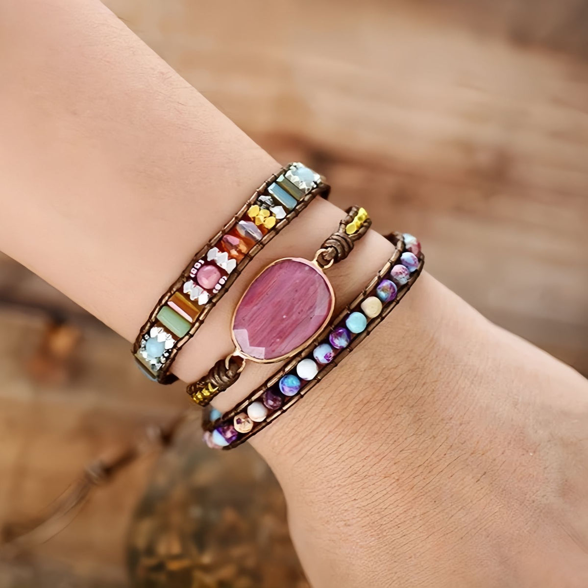 Rhodonite Wrap Bracelet for Women, Beaded Leather Bracelet, Boho Multi-Layer Design