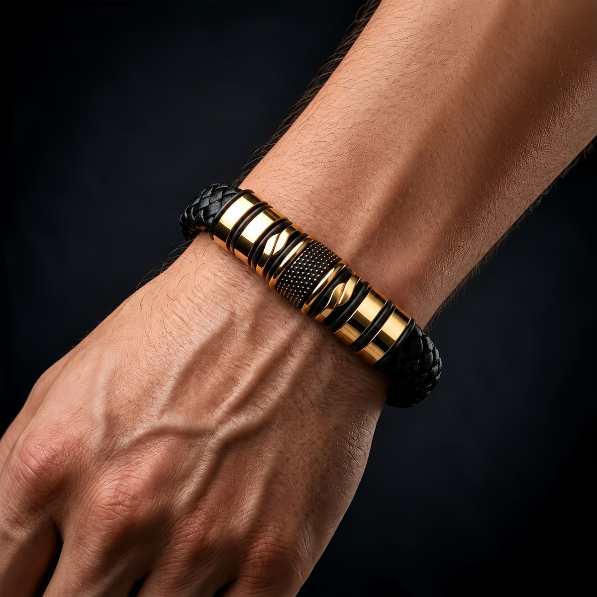 Men's Leather Bracelet with Stainless Steel Design, Braided Leather Wristband