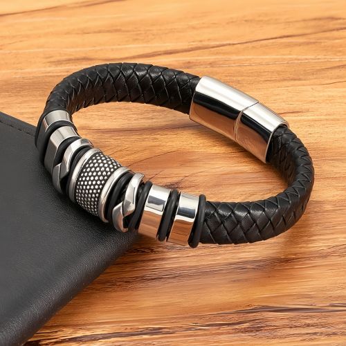 Men's Leather Bracelet with Stainless Steel Design, Braided Leather Wristband