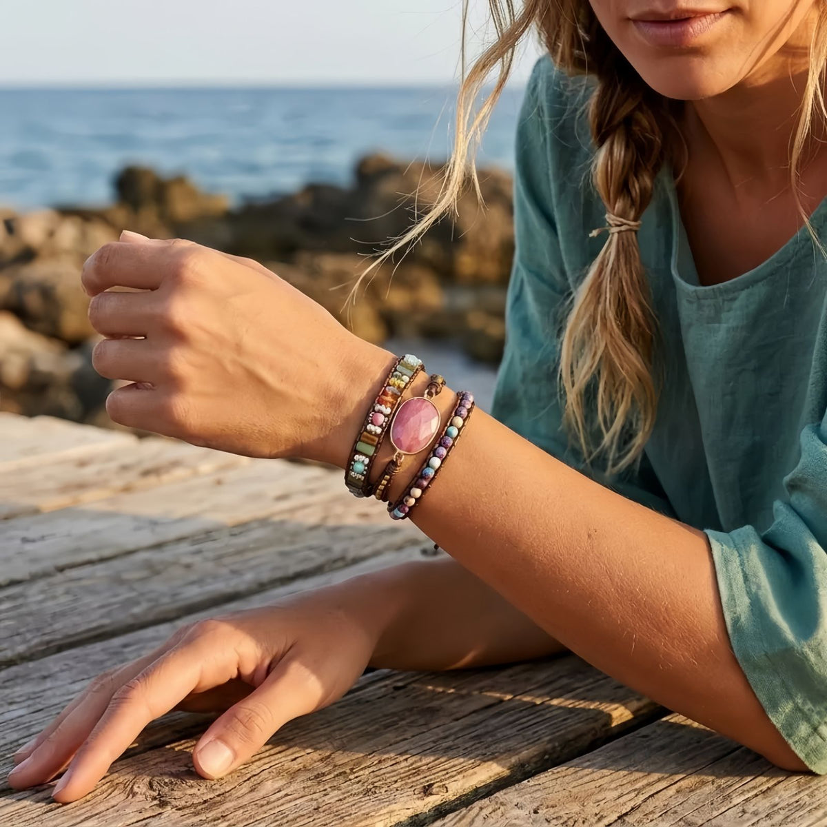 Rhodonite Wrap Bracelet for Women, Beaded Leather Bracelet, Boho Multi-Layer Design