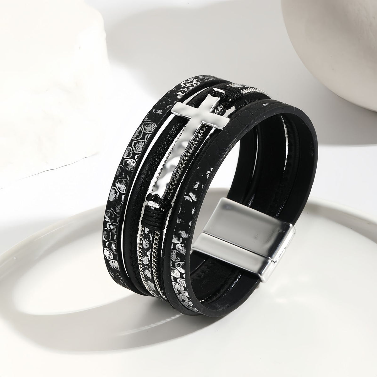 Wide Layered Leather Cross Bracelet