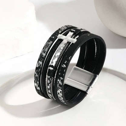Wide Layered Leather Cross Bracelet