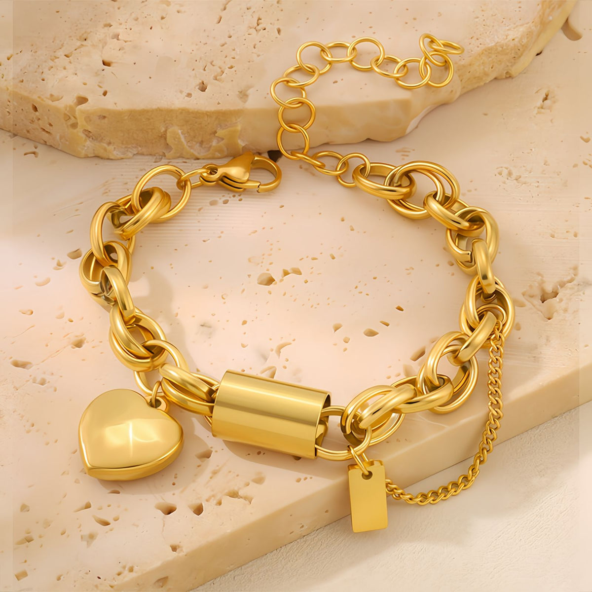 Heart Charm Oval Link Chain Stainless Steel Bracelet