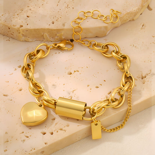 Heart Charm Oval Link Chain Stainless Steel Bracelet