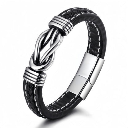 Stainless Steel Knot Men’s Braided Leather Bracelet
