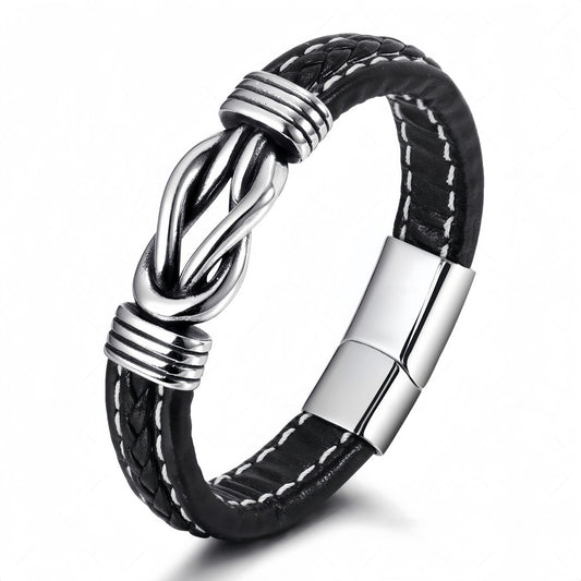 Stainless Steel Knot Men’s Braided Leather Bracelet