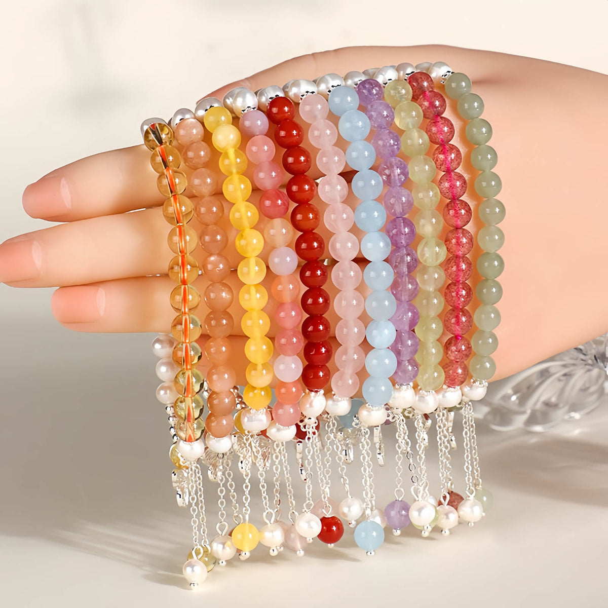 Aquamarine Crystal Beaded Bracelet with Freshwater Pearls & Butterfly Tassel Pendant
