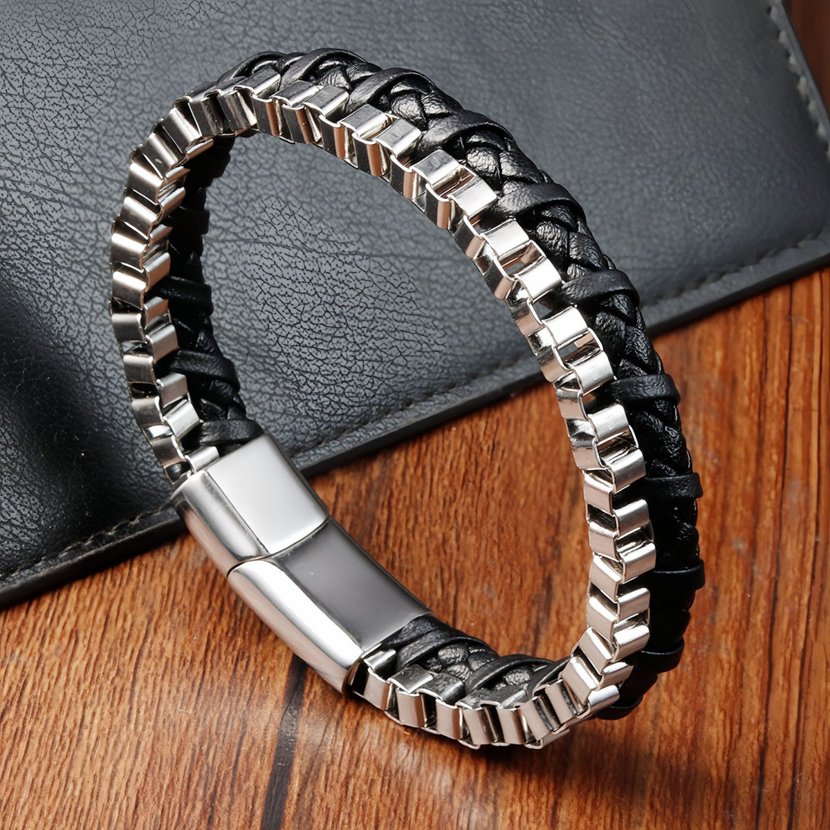 Men's Stainless Steel Chain Leather Bracelet
