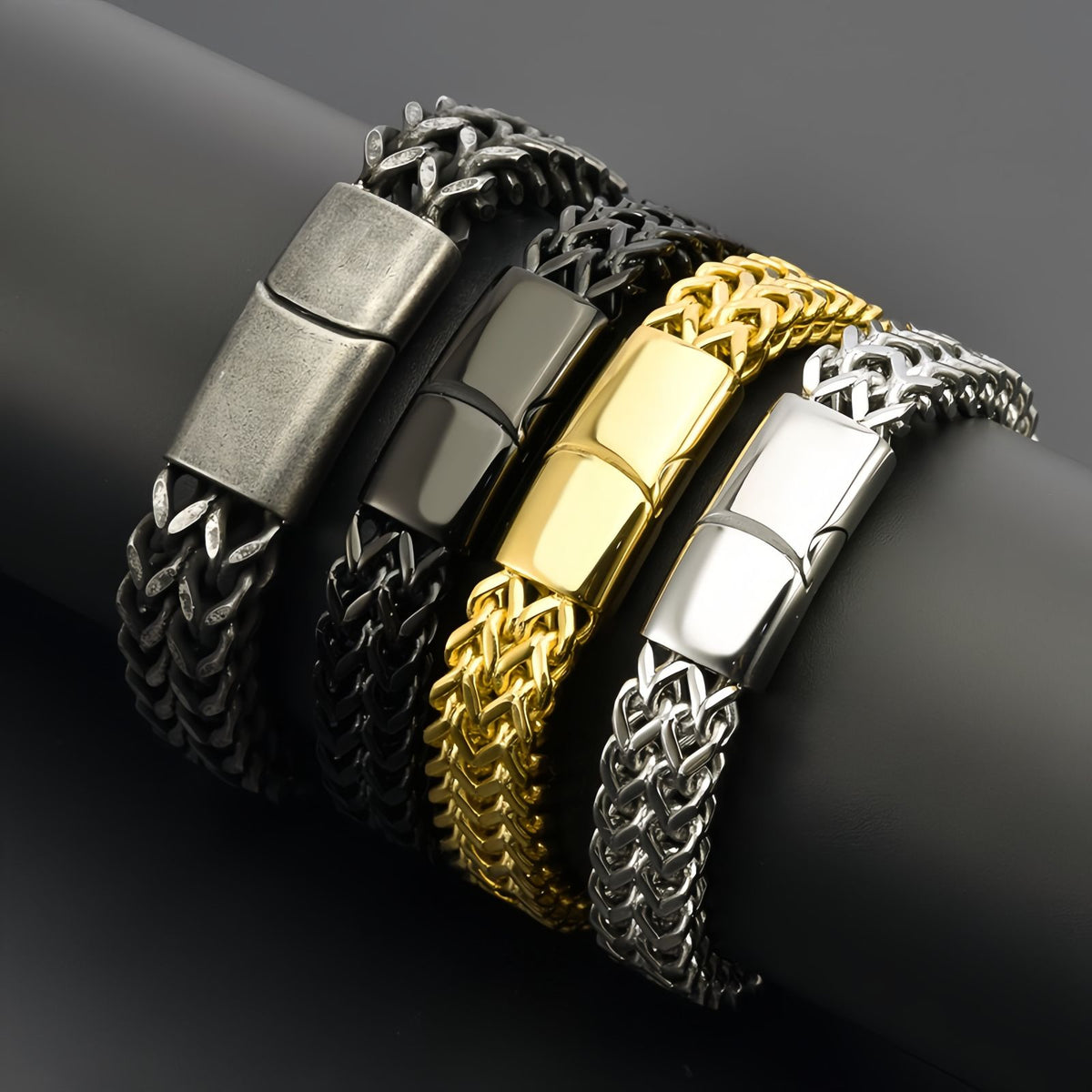 Men's Double-Row Polished Stainless Steel Bracelet