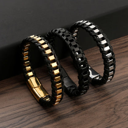 Cubic Metal Link Leather Bracelet
