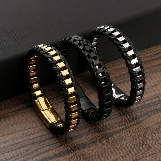 Cubic Metal Link Leather Bracelet