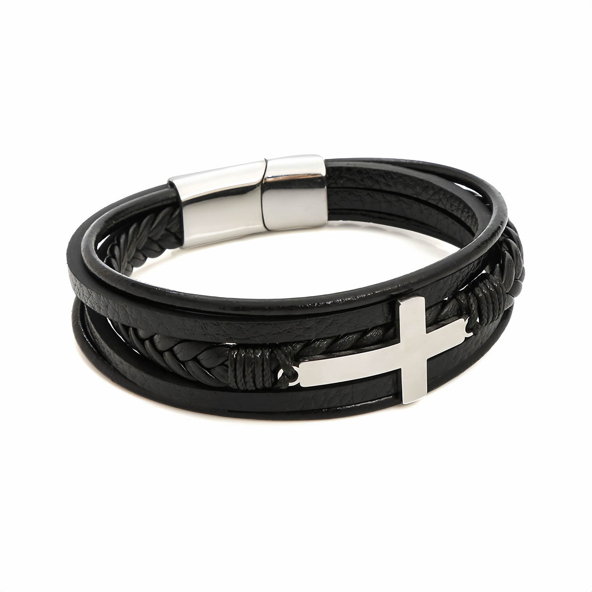 Men's Cross Leather Bracelet with Magnetic Clasp