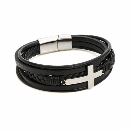 Men's Cross Leather Bracelet with Magnetic Clasp