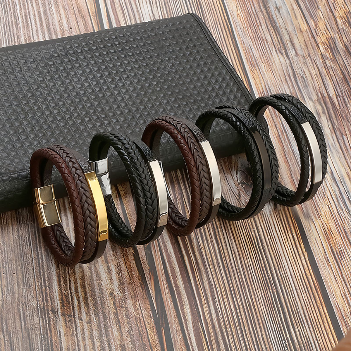 Geometric Bar Layered Leather Bracelet for Men