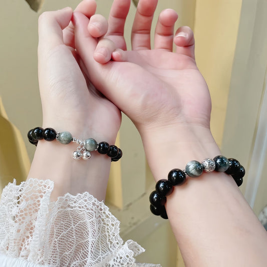 Obsidian Couple Bracelets with Bell Charms