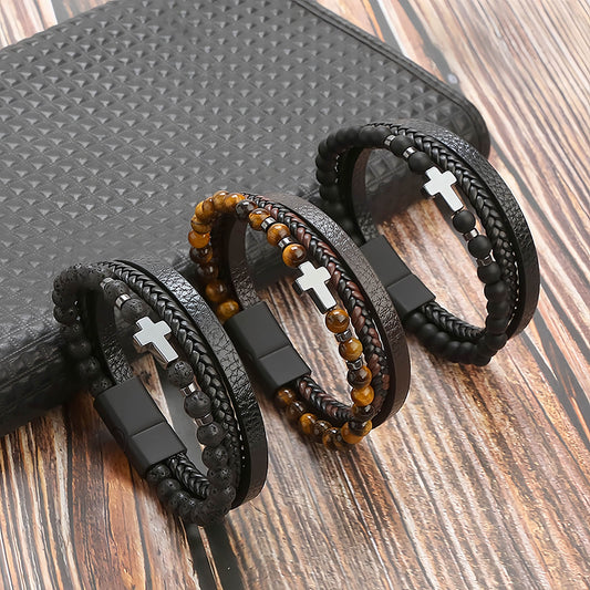 Men's Cross Natural Stone Beads Leather Bracelet