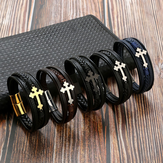 Men's Cross Braided Leather Bracelet