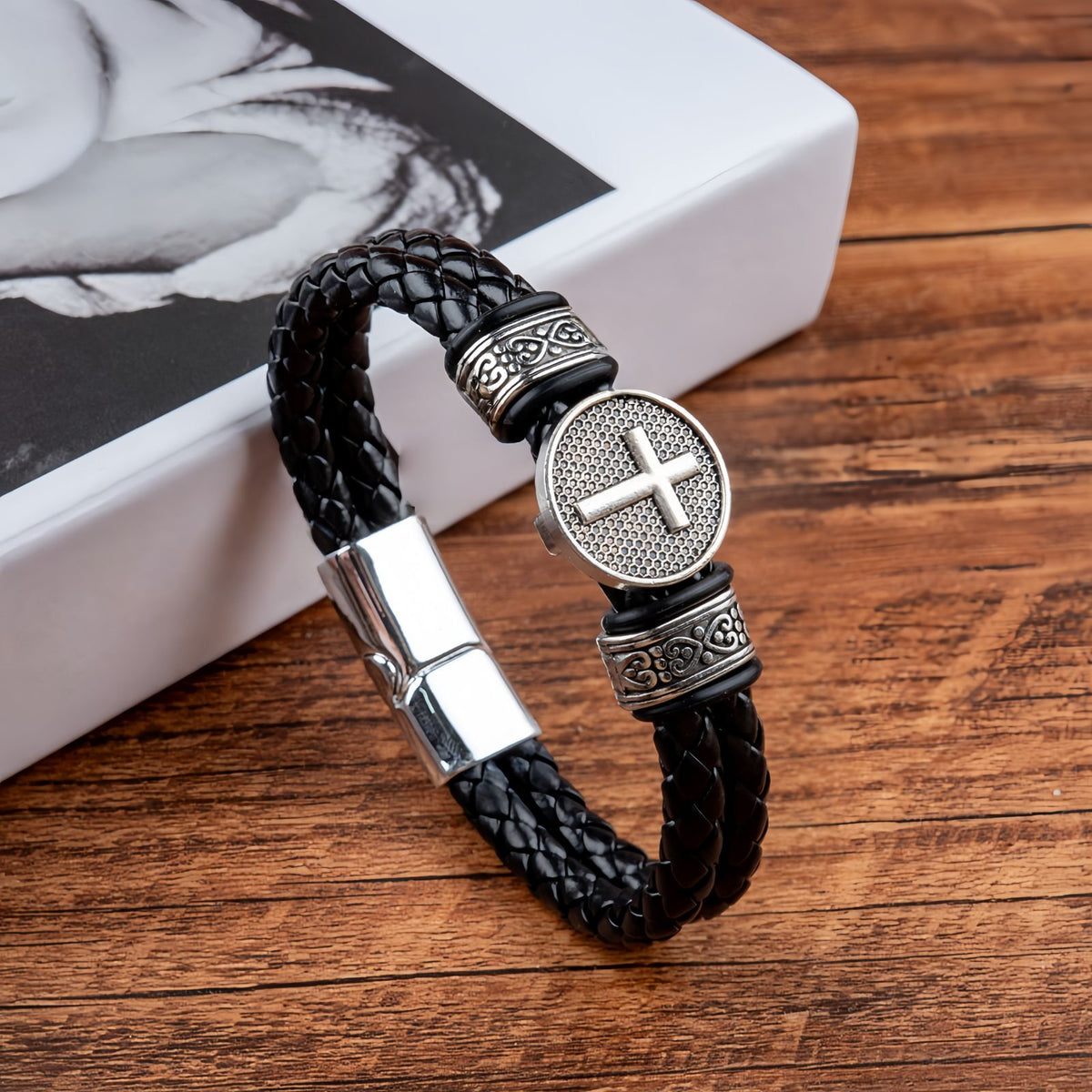 Men's Leather Round Cross Bracelet