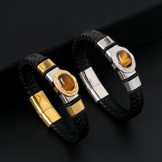 Tiger Eye Inlay Men's Leather Bracelet