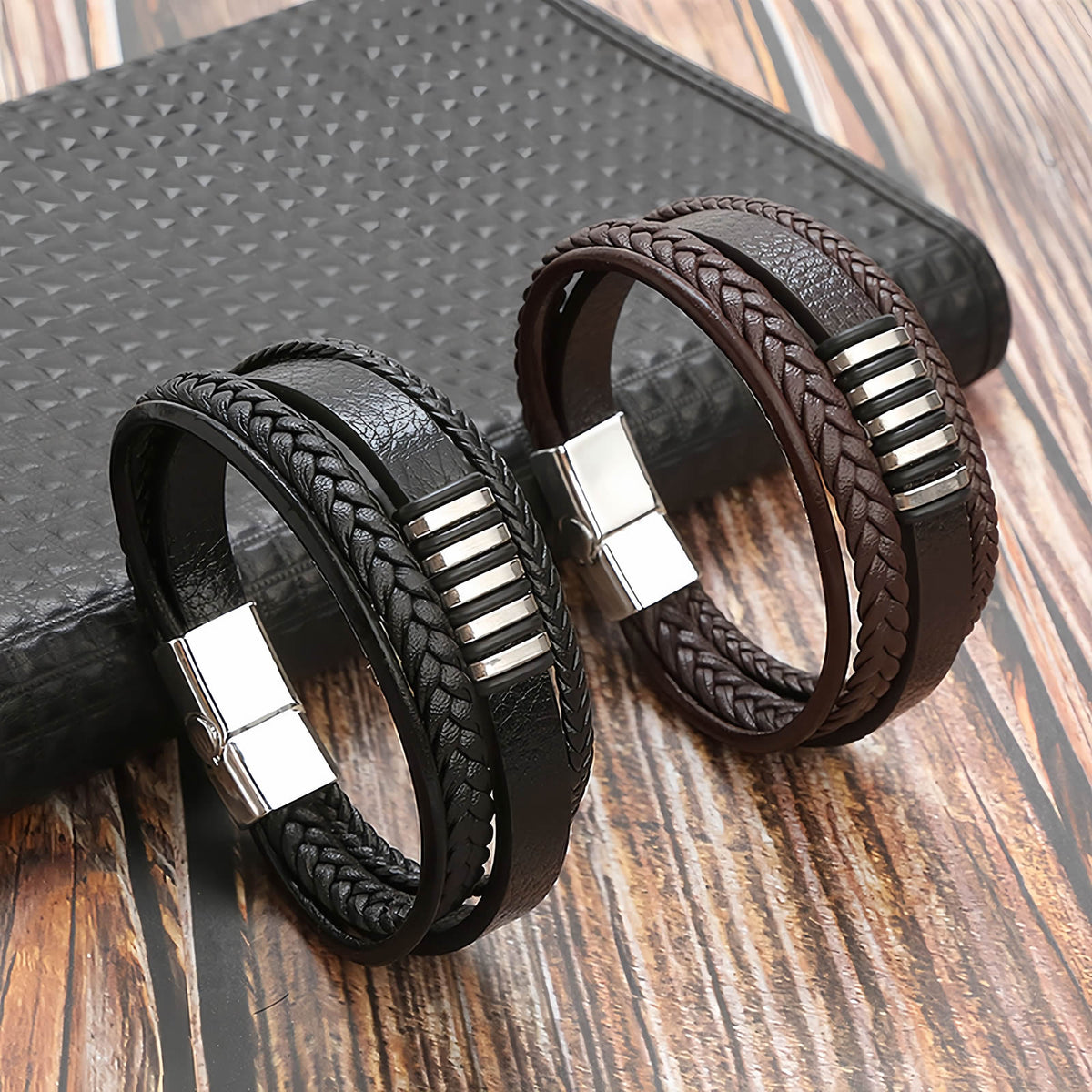 Striped Metal Accent Leather Bracelet for Men
