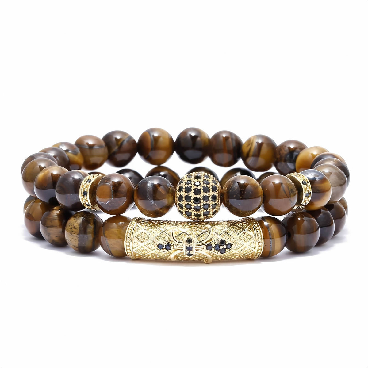 Tiger Eye Beaded Bracelet with CZ Pave Ball & Carved Copper Tube
