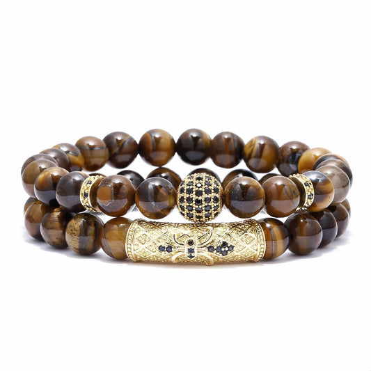 Tiger Eye Beaded Bracelet with CZ Pave Ball & Carved Copper Tube