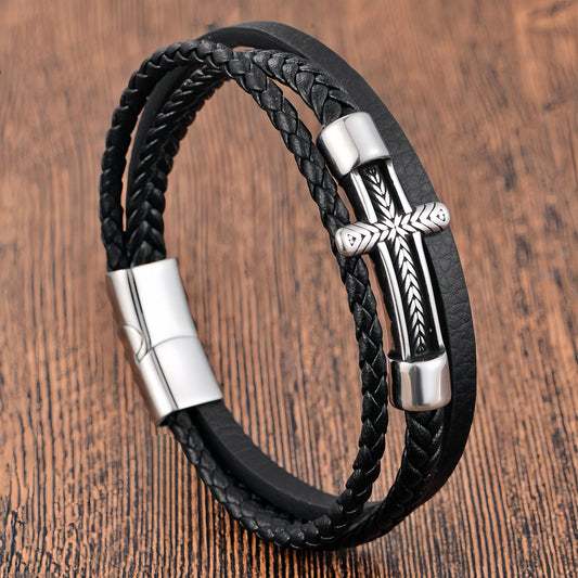 Men's Arrow Engraved Tube Cross Leather Bracelet