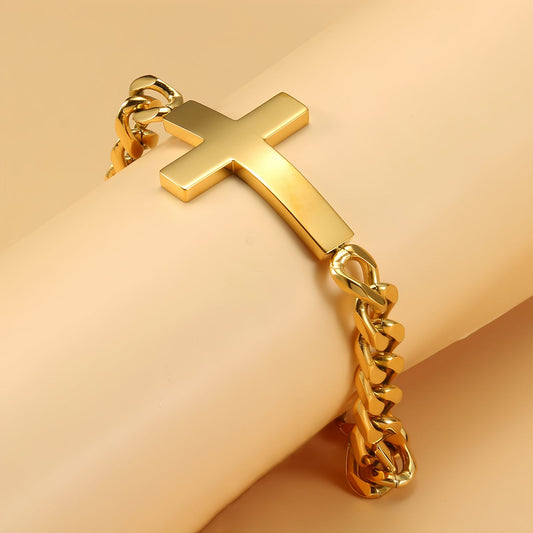 Horizontal Cross Gold Cuban Link Bracelet