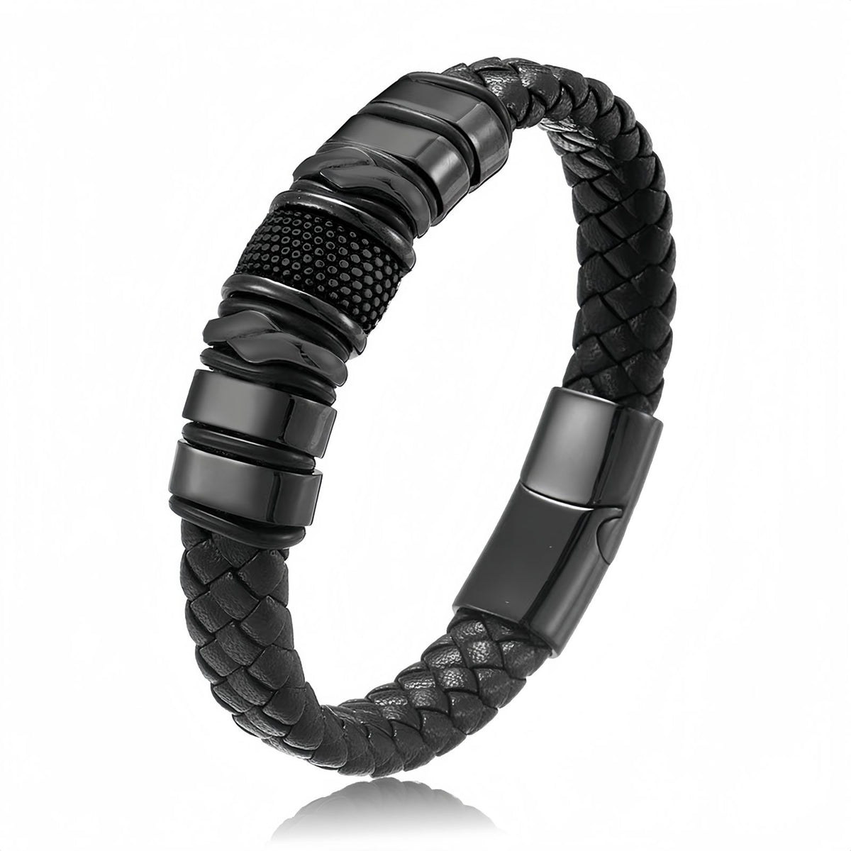 Men's Leather Bracelet with Stainless Steel Design, Braided Leather Wristband