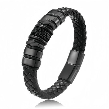 Men's Leather Bracelet with Stainless Steel Design, Braided Leather Wristband