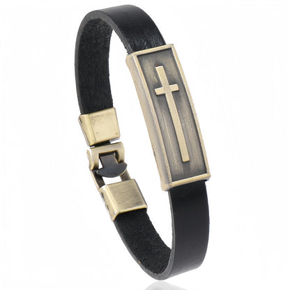 Vintage Leather Christian Cross Bracelet