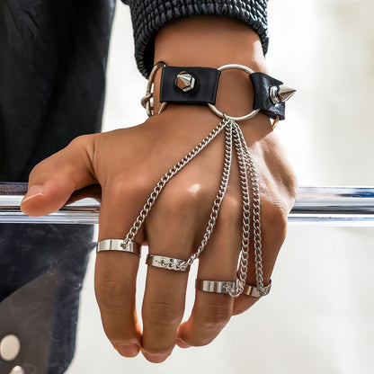 Men's Hand Chain Bracelet with Finger Rings, Gothic Punk Ring Bracelet